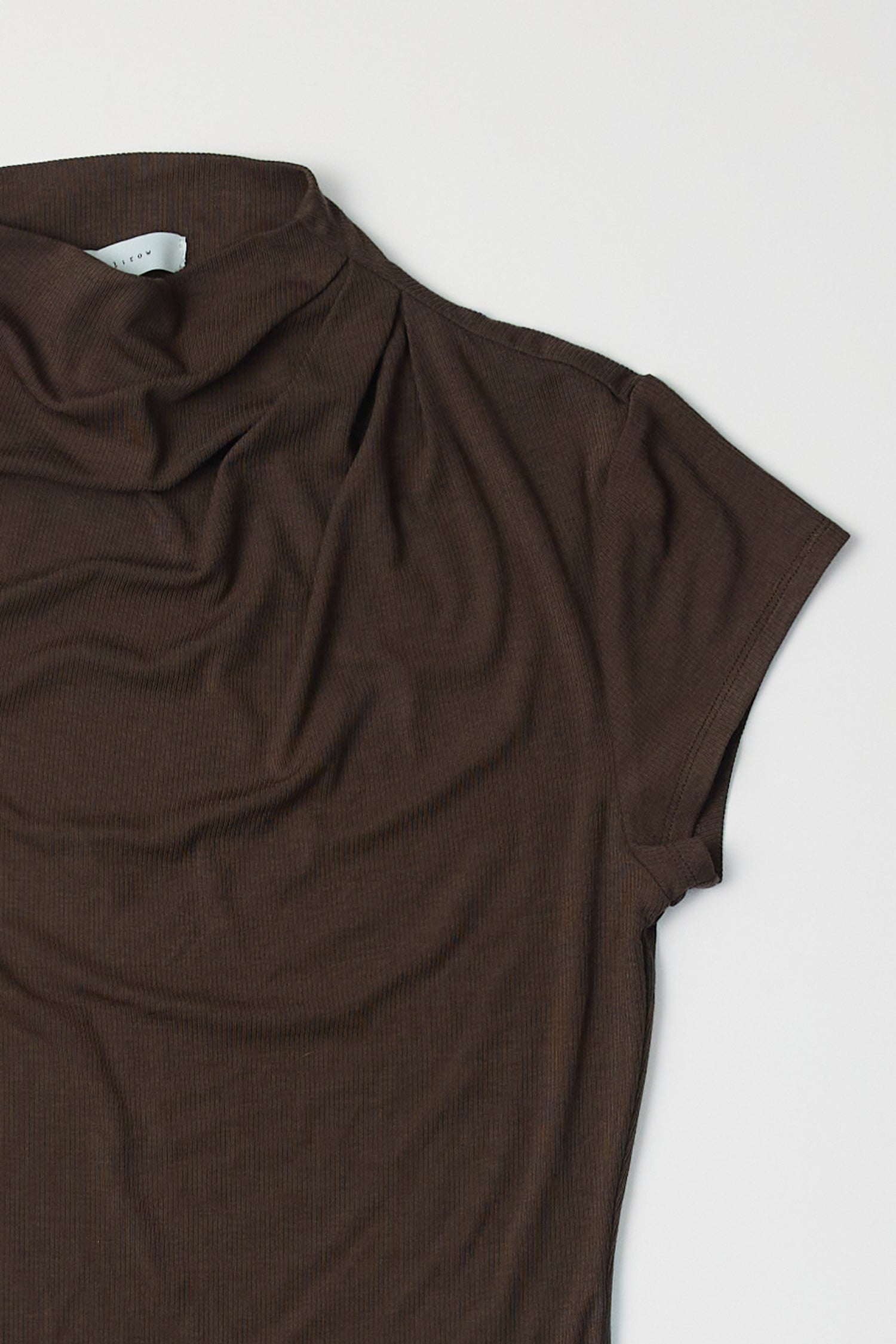 Close up product image of brown form fitting rib knit mock neck top. 