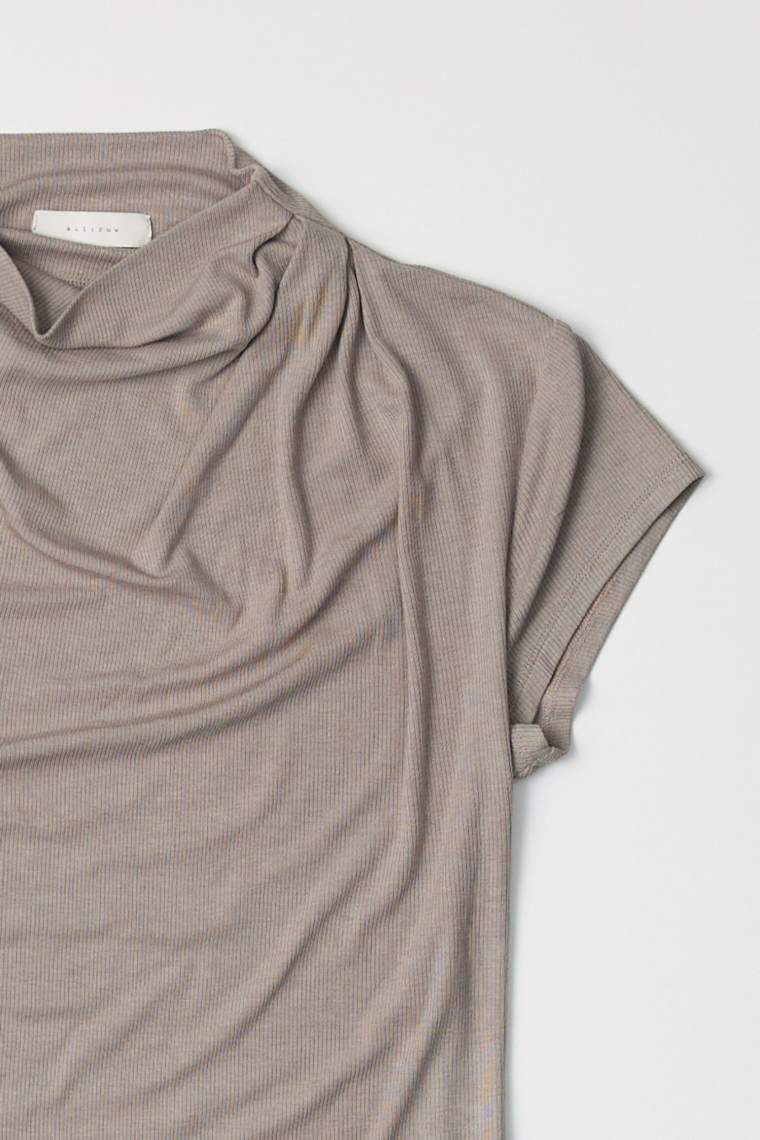 Close up product image of form fitting taupe rib knit mock neck up, front view. 
