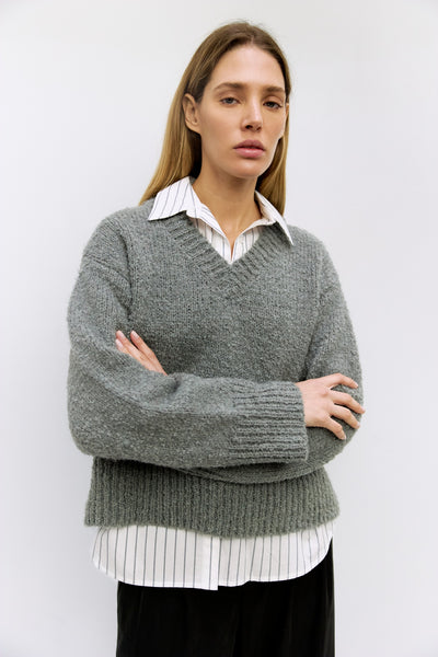 The Glen Sweater | Boucle Knit V Neck Sweater