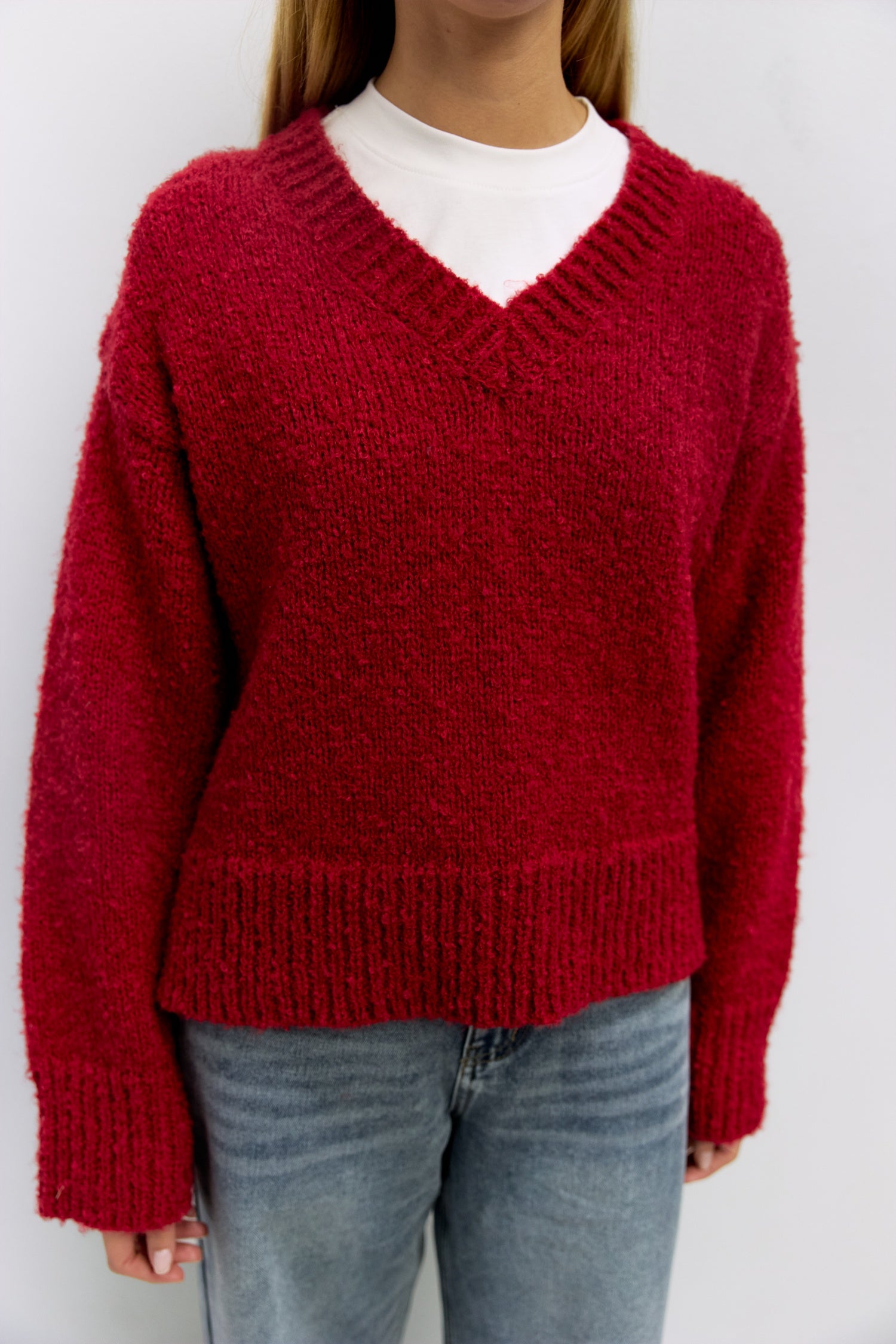The Glen Sweater | Boucle Knit V Neck Sweater