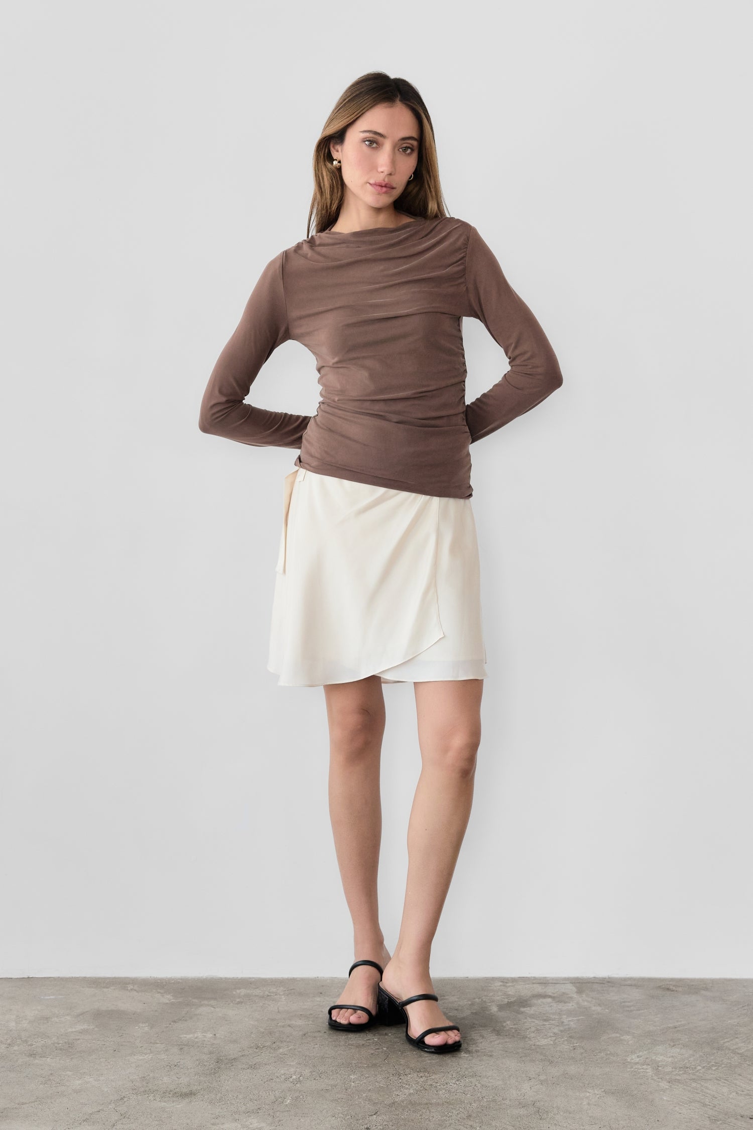 8809551921373, The Calix Top, Tops, All Row, All Row,allrow,brown,Casual,cf-color-black,cf-color-brown,cf-size-l,cf-size-m,cf-size-s,cf-vendor-all-row,Fall,Fitted Top,knit,Knit Top,layer,layering,Layers,Long Sleeve Top,Mock neck,modal,new,Shirred Bodice,Short Sleeve,thin,Tops,Transitional,Winter,Women's,womens top, Information The Calix Top is a mock neck long-sleeve top crafted from a washed modal fabrication offering a soft and comfortable feel. The fitted bodice and straight neckline create a flattering 