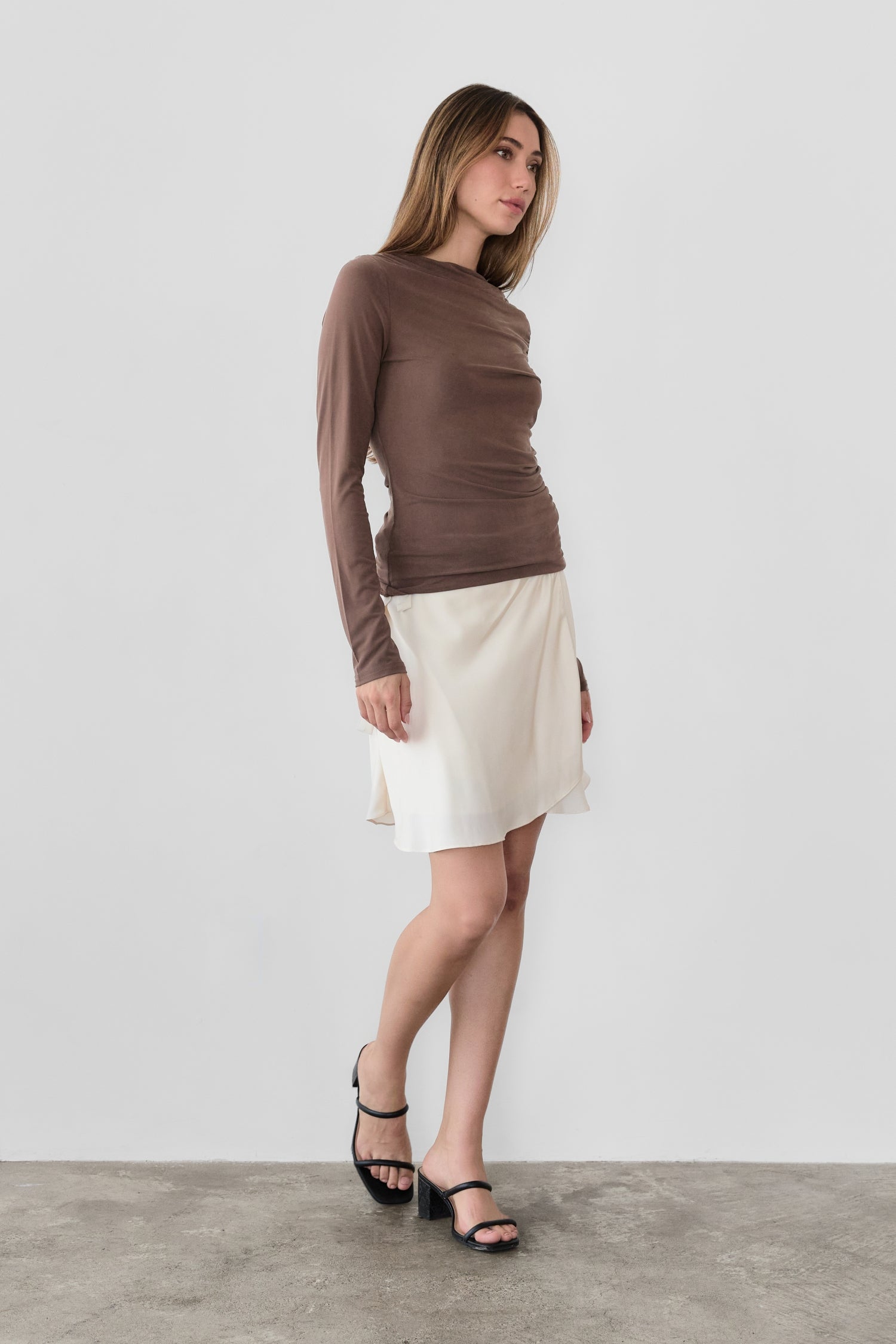 8809551921373, The Calix Top, Tops, All Row, All Row,allrow,brown,Casual,cf-color-black,cf-color-brown,cf-size-l,cf-size-m,cf-size-s,cf-vendor-all-row,Fall,Fitted Top,knit,Knit Top,layer,layering,Layers,Long Sleeve Top,Mock neck,modal,new,Shirred Bodice,Short Sleeve,thin,Tops,Transitional,Winter,Women's,womens top, Information The Calix Top is a mock neck long-sleeve top crafted from a washed modal fabrication offering a soft and comfortable feel. The fitted bodice and straight neckline create a flattering 