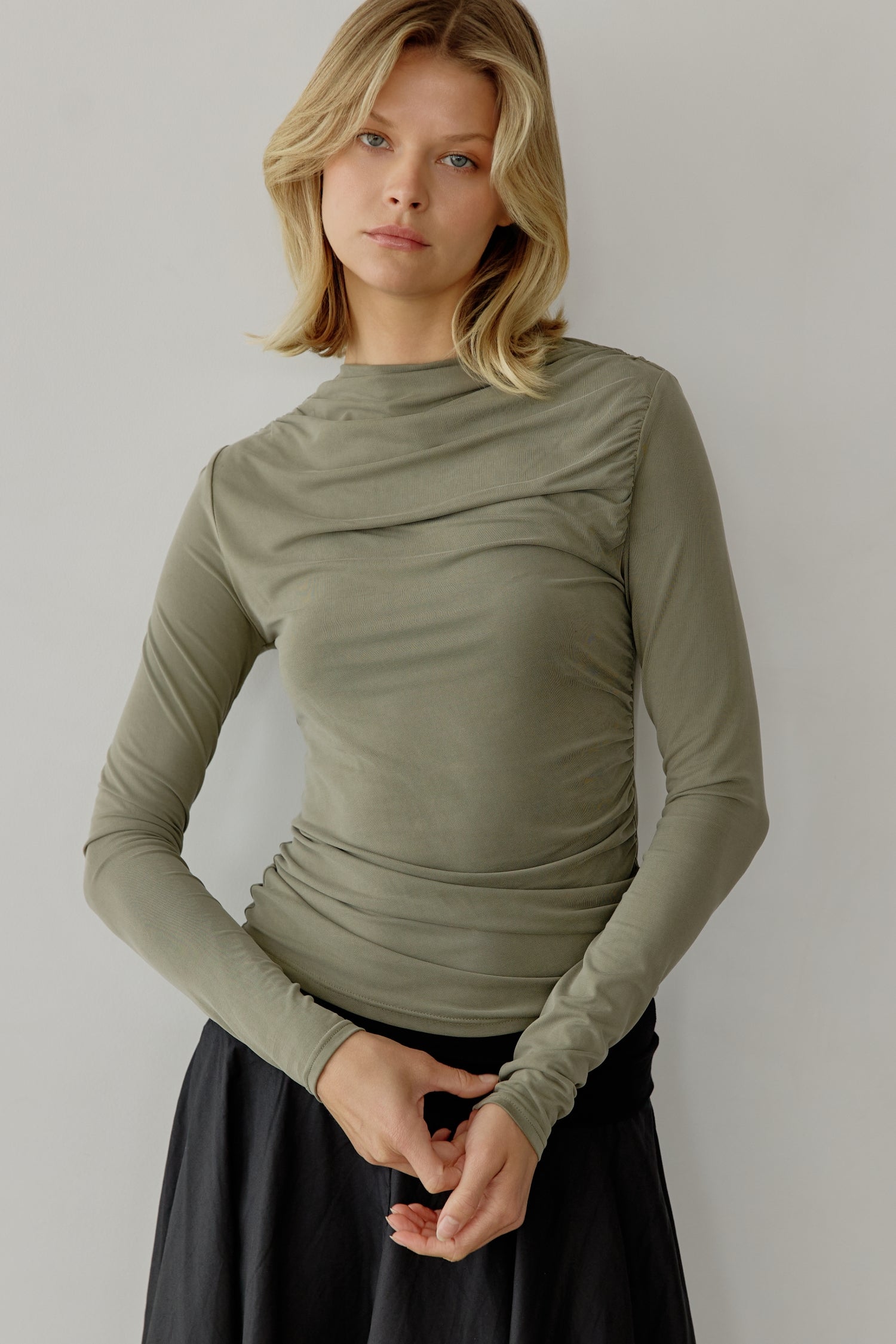 8809551921373, The Calix Top, Tops, All Row, All Row,allrow,brown,Casual,cf-color-black,cf-color-brown,cf-size-l,cf-size-m,cf-size-s,cf-vendor-all-row,Fall,Fitted Top,knit,Knit Top,layer,layering,Layers,Long Sleeve Top,Mock neck,modal,new,Shirred Bodice,Short Sleeve,thin,Tops,Transitional,Winter,Women's,womens top, Information The Calix Top is a mock neck long-sleeve top crafted from a washed modal fabrication offering a soft and comfortable feel. The fitted bodice and straight neckline create a flattering 