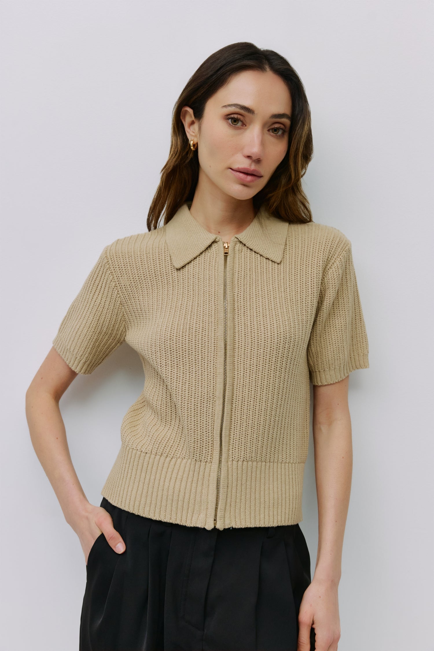 9045652603101, The Nadia Top, Tops, Mod Ref, Casual,cf-color-grey,cf-color-khaki,cf-size-l,cf-size-m,cf-size-s,cf-size-xl,cf-size-xs,cf-vendor-mod-ref,cinched,Cinched Waist,collared,Collared Top,Comfortable,Cotton,Everyday,Grey,Khaki,Knit,mid weight,Mod Ref,modref,new,Relaxed,Relaxed Fit,Rib Knit,Short Sleeve,Soft Knit,Top,Tops,Transitional,Women's,womens top,Zip Up, Information The Nadia Top is a short-sleeve knit top crafted from a midweight open knit for a breathable feel, collared neckline, and a front 