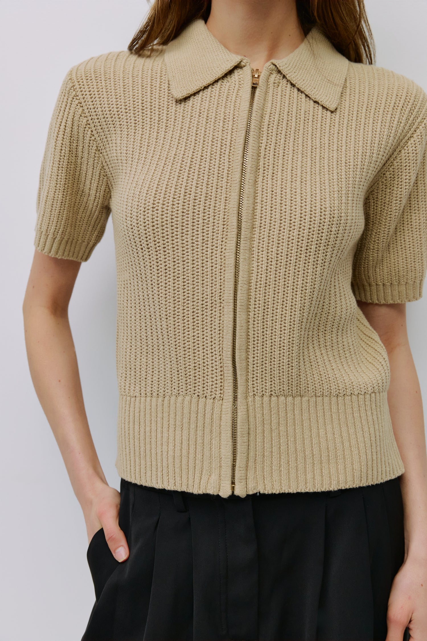 9045652603101, The Nadia Top, Tops, Mod Ref, Casual,cf-color-grey,cf-color-khaki,cf-size-l,cf-size-m,cf-size-s,cf-size-xl,cf-size-xs,cf-vendor-mod-ref,cinched,Cinched Waist,collared,Collared Top,Comfortable,Cotton,Everyday,Grey,Khaki,Knit,mid weight,Mod Ref,modref,new,Relaxed,Relaxed Fit,Rib Knit,Short Sleeve,Soft Knit,Top,Tops,Transitional,Women's,womens top,Zip Up, Information The Nadia Top is a short-sleeve knit top crafted from a midweight open knit for a breathable feel, collared neckline, and a front 
