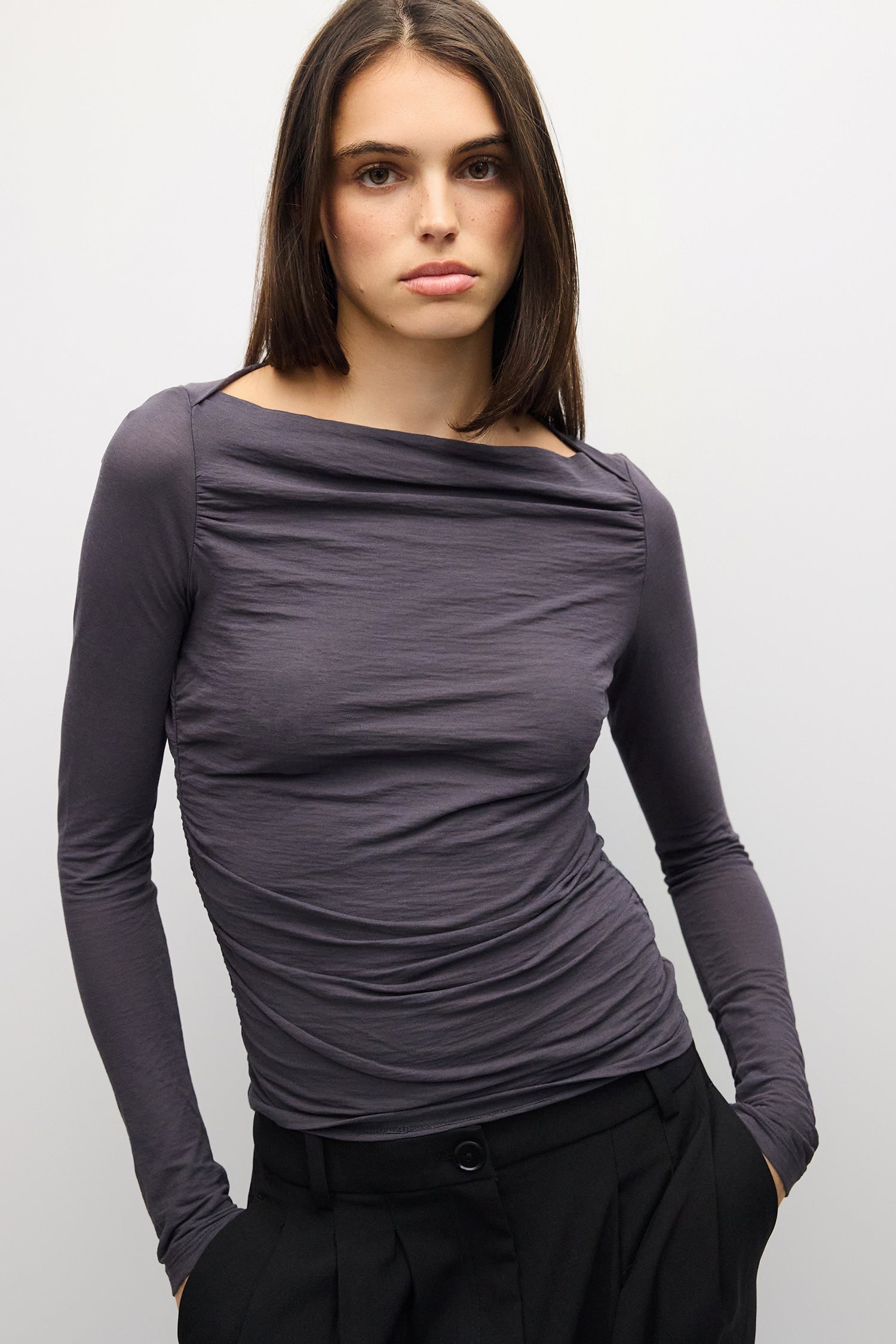 The April Top | Wide Neck Pleated Knit Long Sleeved Top