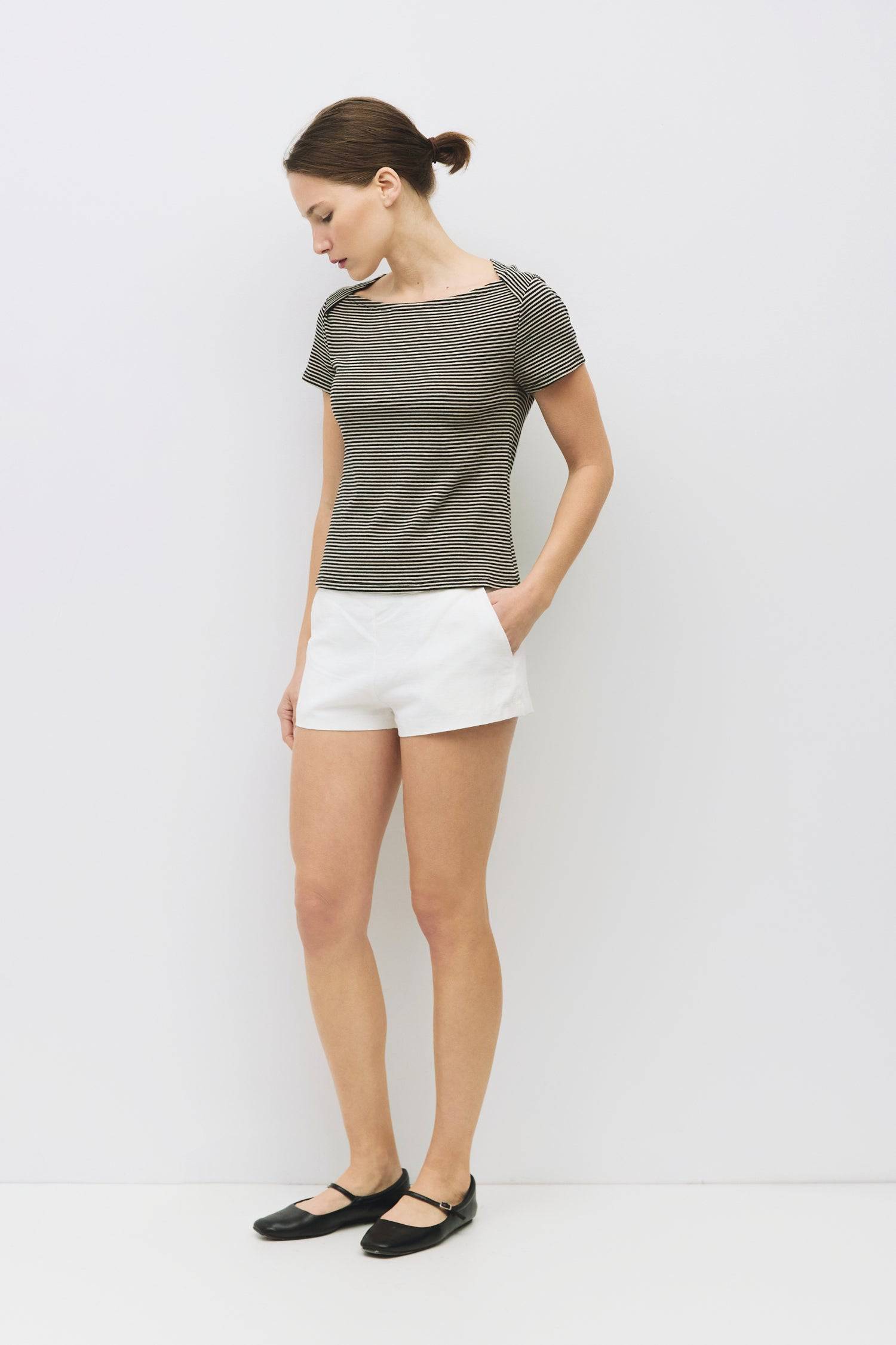 8954057097437, The Sasha Top, Tops, Mod Ref, beige,Black,boat neck,boat neckline,Casual,cf-color-beige,cf-color-grey,cf-size-l,cf-size-m,cf-size-s,cf-size-xl,cf-vendor-all-row,Comfortable,Crew Neckline,Everyday,final-sale,finalsale,Grey,Layers,Lightweight,Minimal,new,Relaxed,Relaxed Fit,sale,Soft,Spring,Stripe,Striped,Top,Trendy,Vertical Stripes,Women's, Information The Sasha Top is a fitted boat neck tee with classic short sleeves and a timeless stripe pattern. An everyday essential that’s easy to dress up