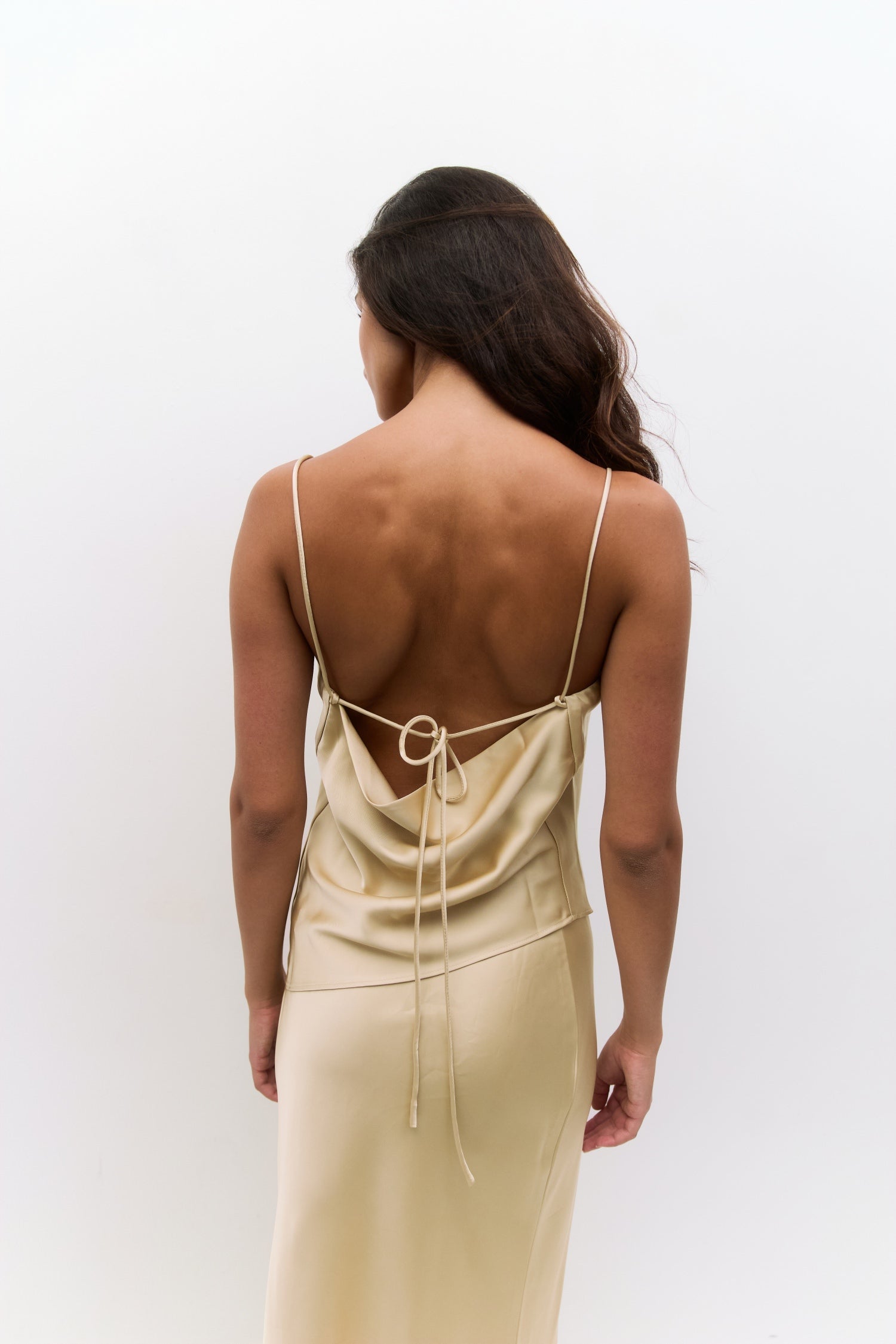 The Elena Top | Asymmetrical Satin Cowl Neck Tank Top
